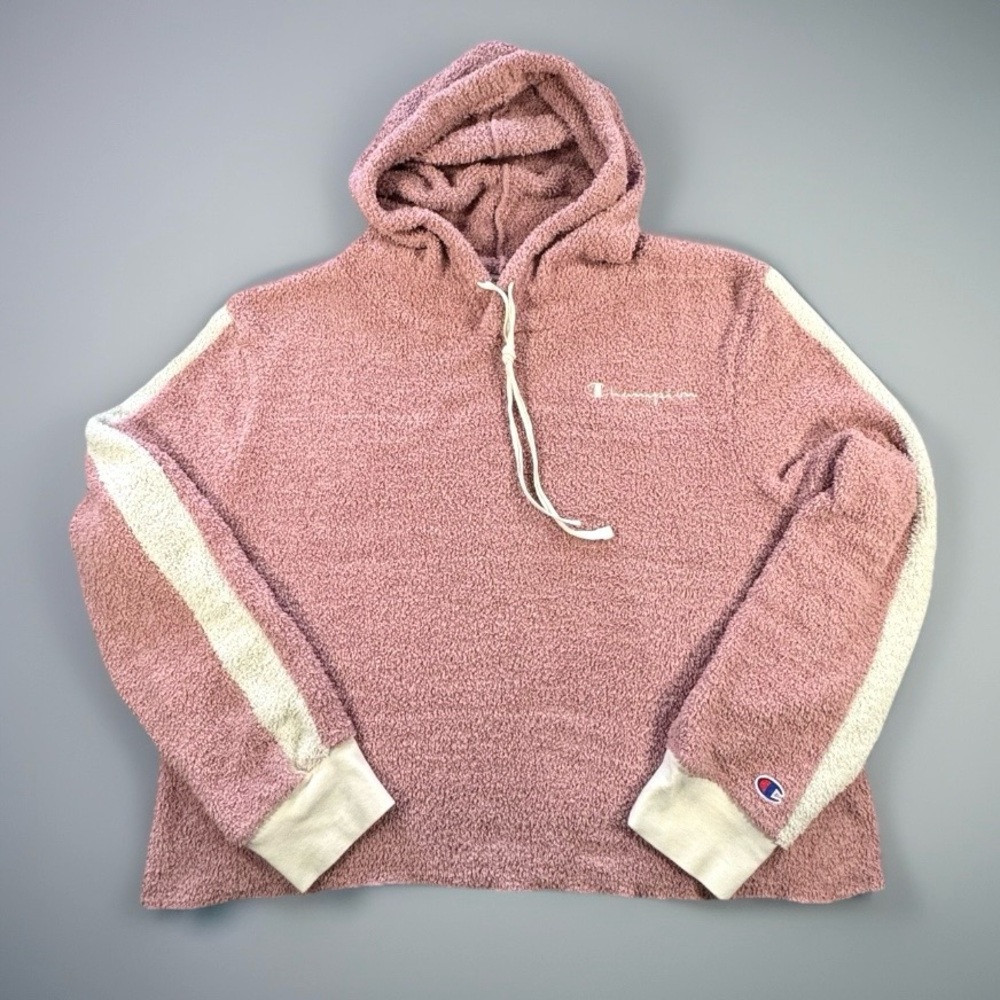 Champion Cropped Sherpa Fleece Hoodie 2XL Pink Teddy Pullover Logo Cozy